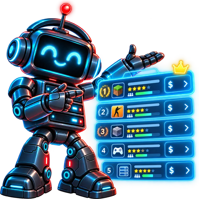 Byte, the TopServer.Network robot mascot, pointing to a ranked list of game servers with player counts