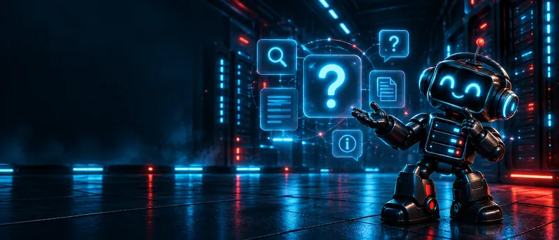 Byte gesturing at question, search and information icons in a server room