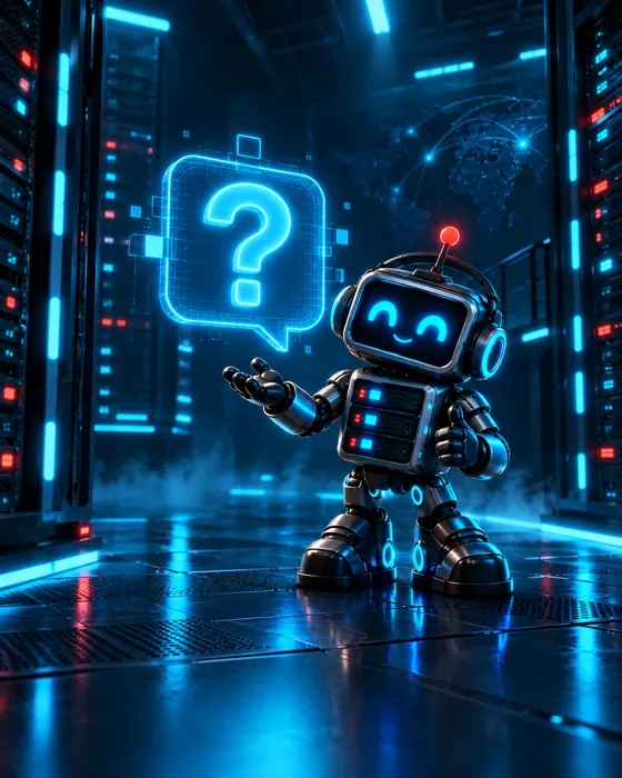 Byte, the TopServer.Network robot mascot, next to a glowing question mark