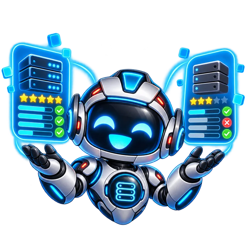 Byte the TopServer mascot comparing hosting providers side by side