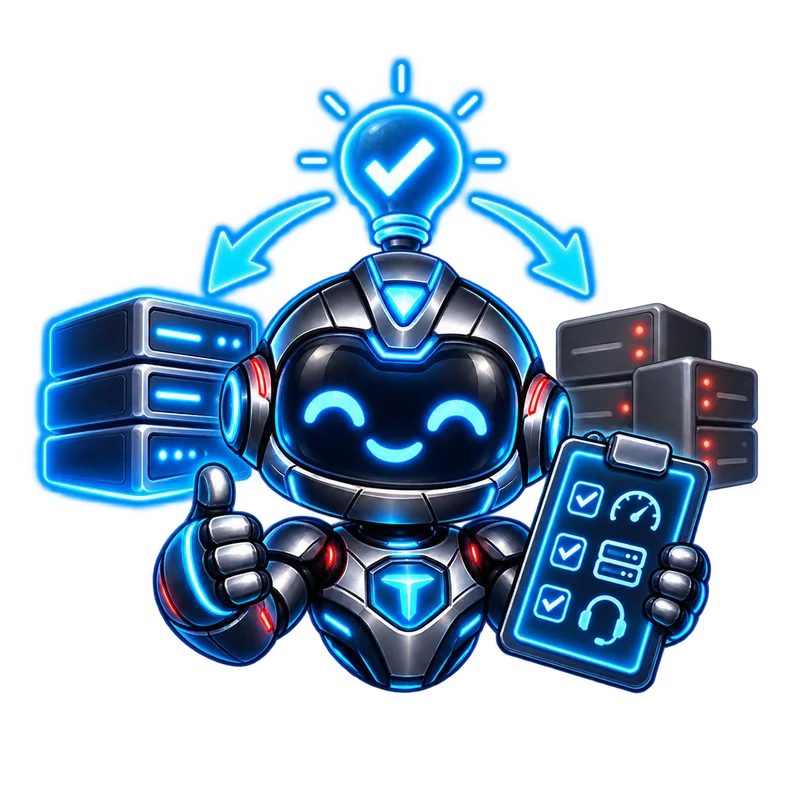 Byte the TopServer mascot choosing between hosting options