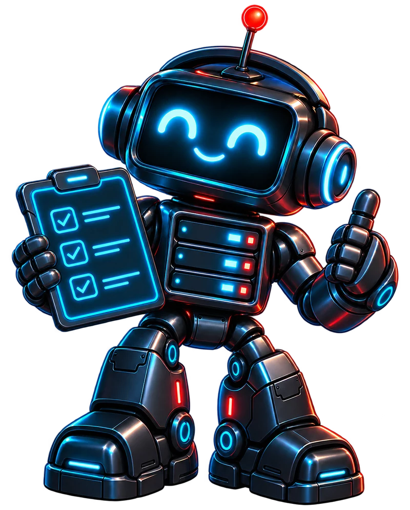 Byte, the TopServer.Network robot mascot, holding a glowing setup checklist and giving a thumbs up