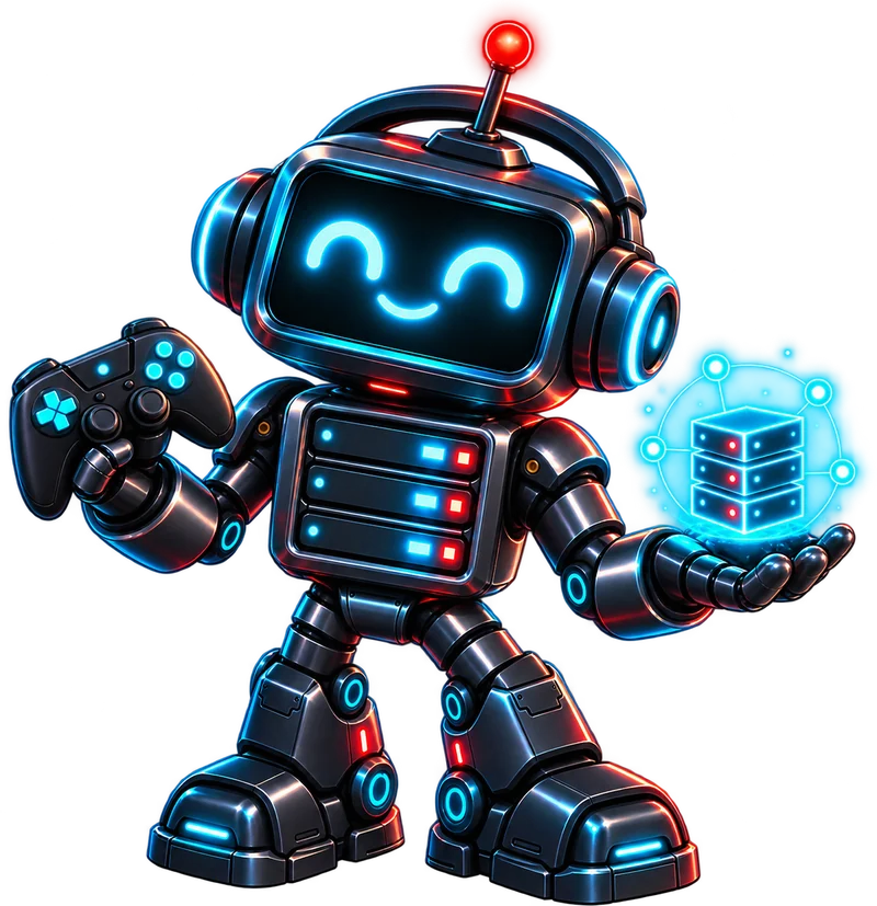 Byte, the TopServer.Network robot mascot, holding a game controller and a glowing server